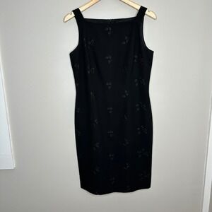 Talbots Women's Black Sleeveless Square Neck Sheath Dress Floral Embroidered 10